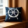 Nautical Ship Wheel Print Throw Pillow Cover Navy Blue Coastal Rudder Art Cushion Case For Ocean Themed Home Decor Sofa Couch