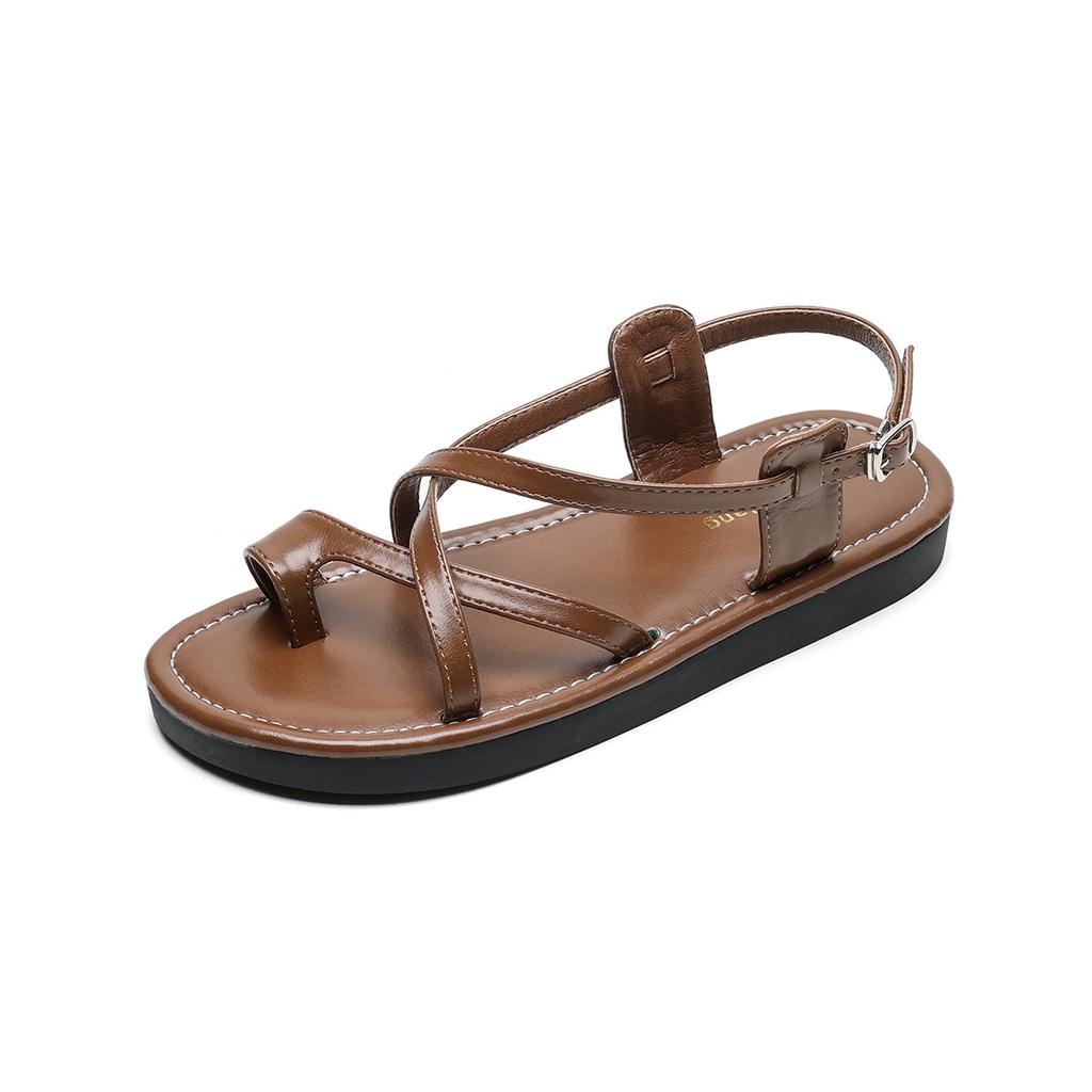 Sheepskin Version~ Leather Sandals Women's Summer Flat-bottomed Versatile Set Toes Crossed with Beach Roman Shoes