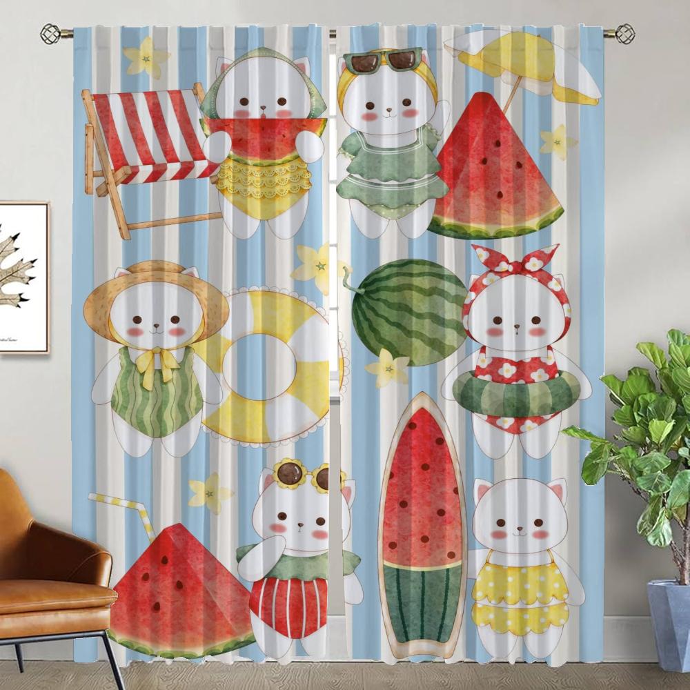 Watermelon Kitty Blackout Curtains for Living Room Partition Shades Home Interior Curtains 2 Pieces Window Curtain Kitchen Child