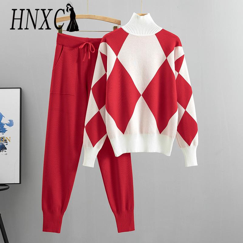 Модный комплект HNXC для женщин, весенне-осенний, повседневный, вязаный, в клетку, свитер, комплект из двух предметов