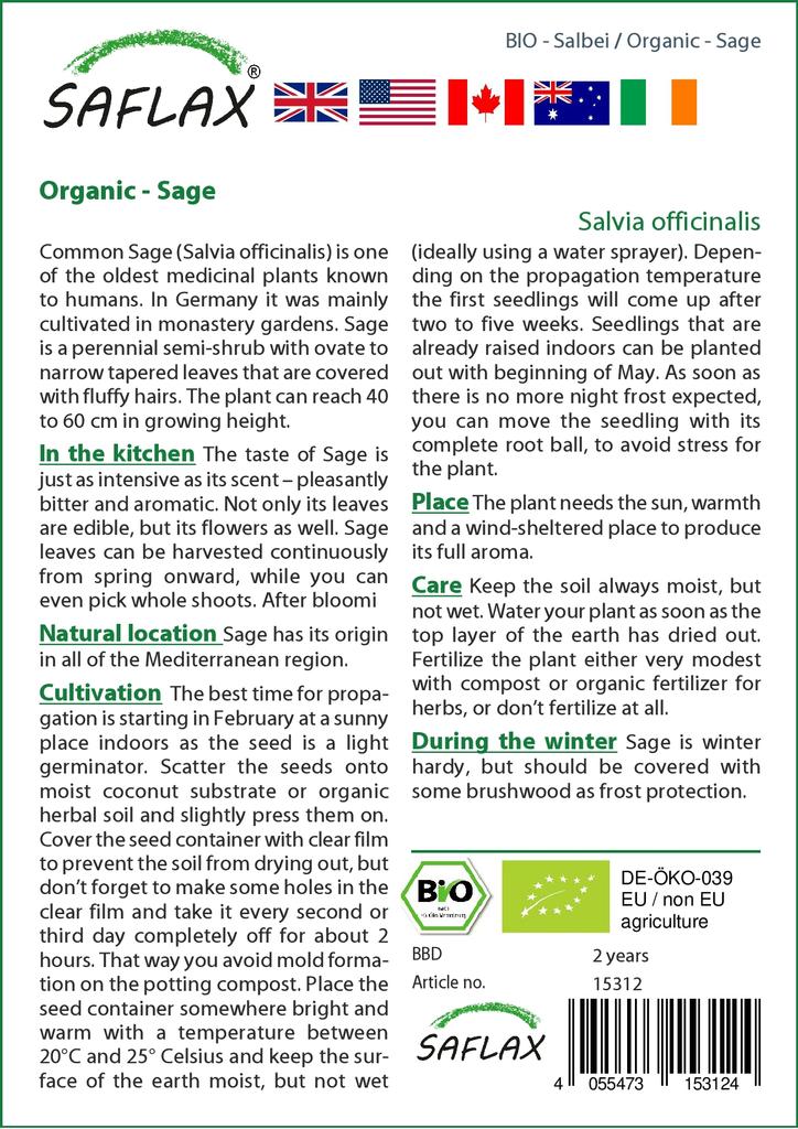 SAFLAX Garden in the Bag - Органический - Шалфей - 60 семян - С субстратом в подходящем стоячем пакете - Salvia officinalis
