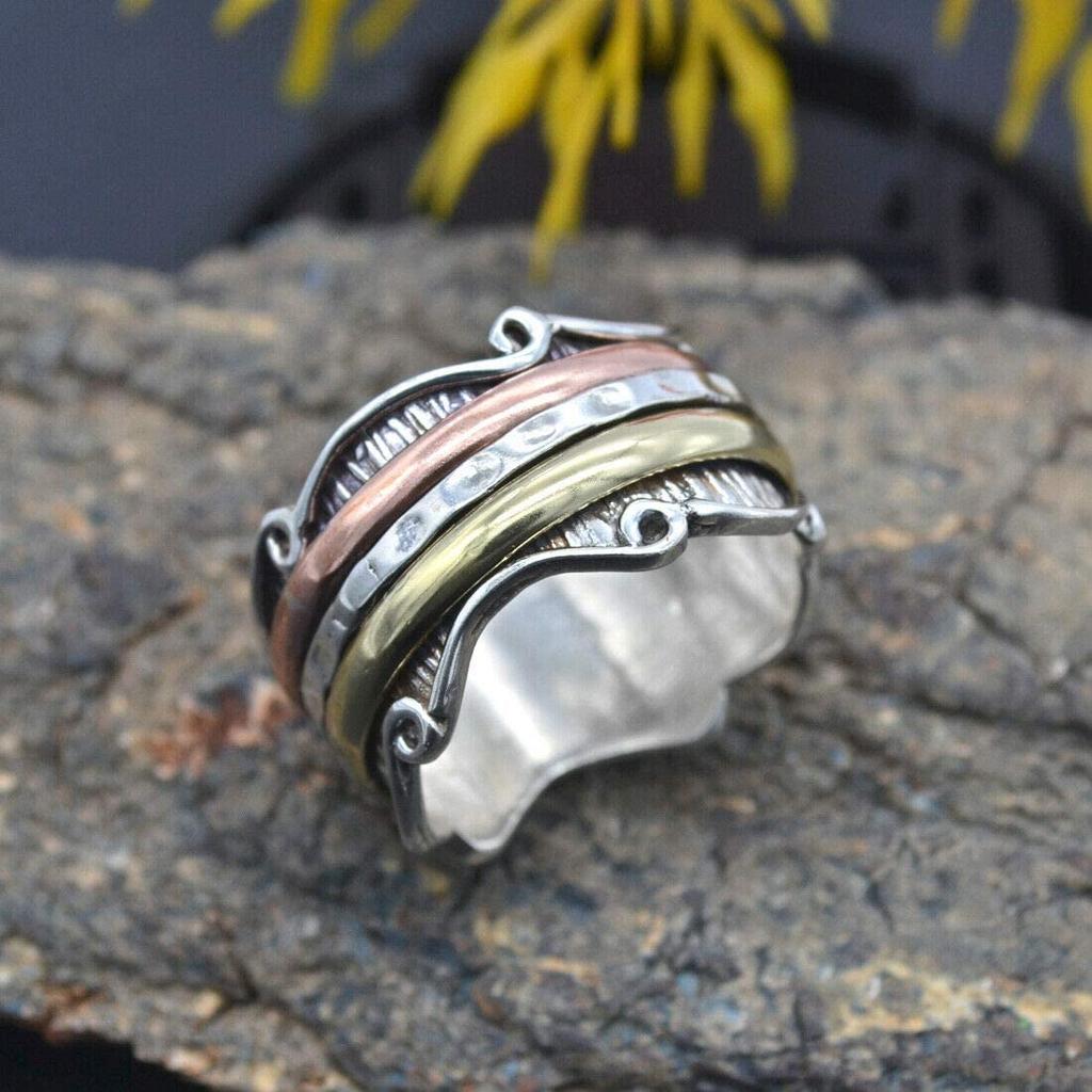 Кольцо-спиннер из стерлингового серебра 925 пробы, дизайнерское кольцо ручной работы для медитации, кольцо-спиннер, подарок на годовщину, трехцветное кольцо, подарок унисекс