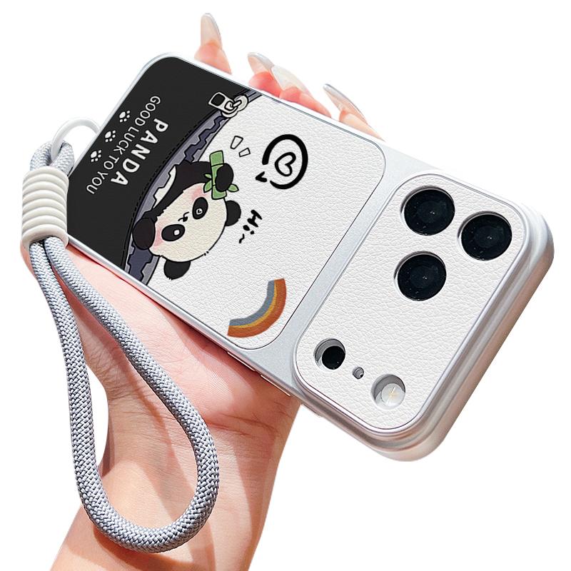 Милый мультяшный чехол-ремешок из кожи с пандой для iPhone 18 Pro Max Гибридный ТПУ+ПУ Противоскользящий Мягкий чехол для iPhone 17 16 15 14 13 Pro Max