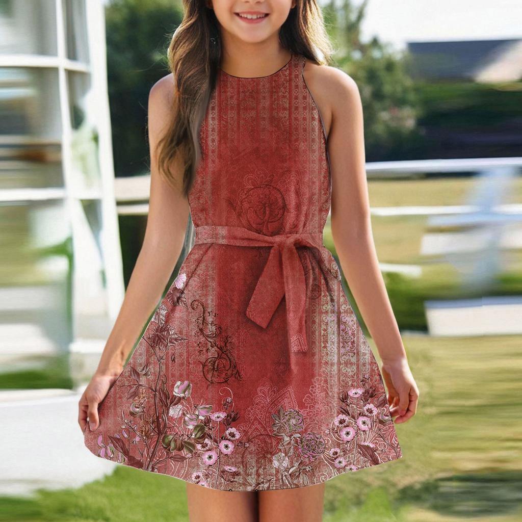 Летнее платье для девочек Платье без рукавов на бретельках Однотонное платье без рукавов с принтом Повседневное платье