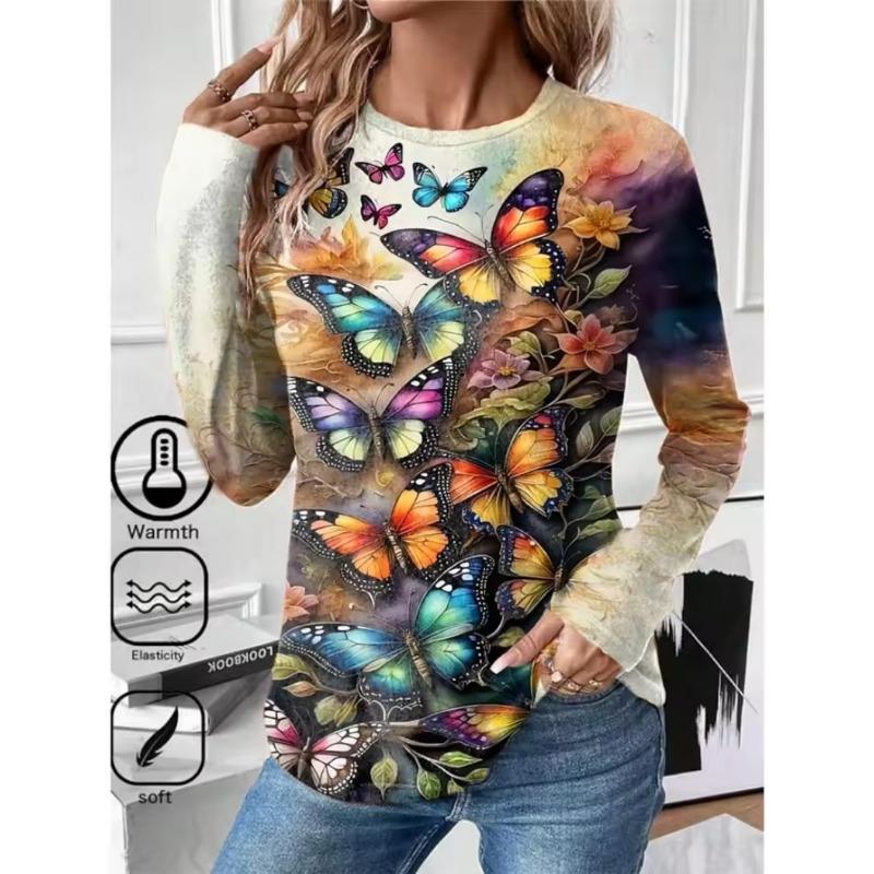 Women's T Shirt 3D Print Cat Butterfly Colorful Design Long Sleeve Daily Weekend Fashion Round Neck Regular Fit