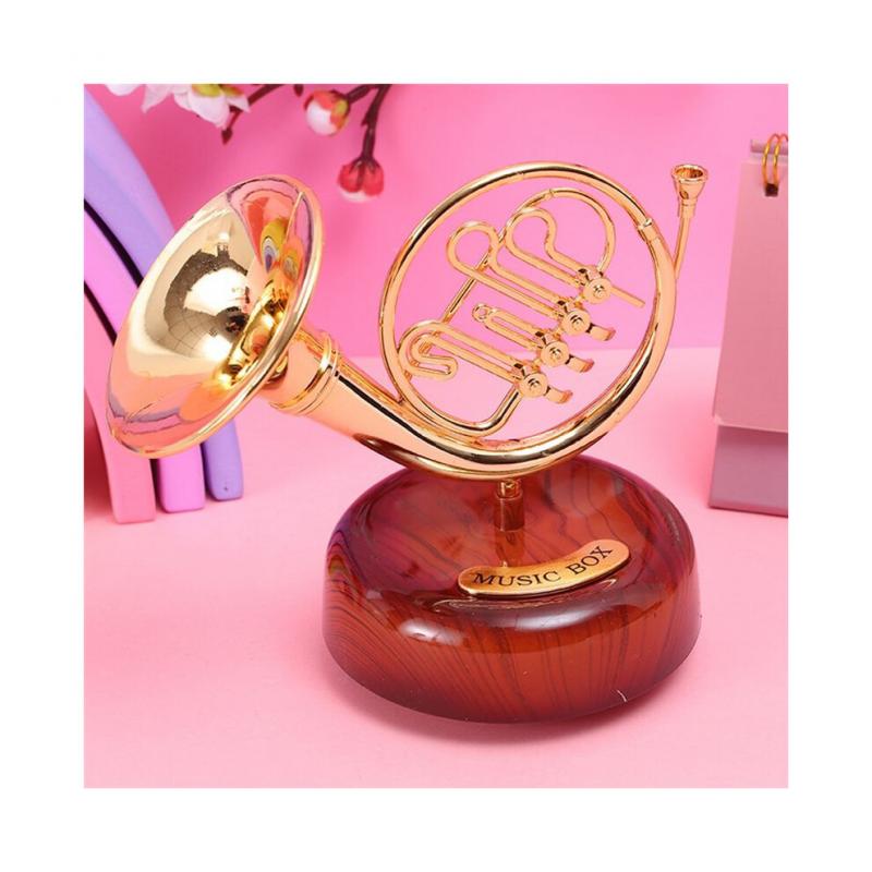 French Horn Music Box Klassische Aufzieh-Twirling Music Box Rotierende Basis Messing-Blasinstrument Miniatur-Artware-Geschenk