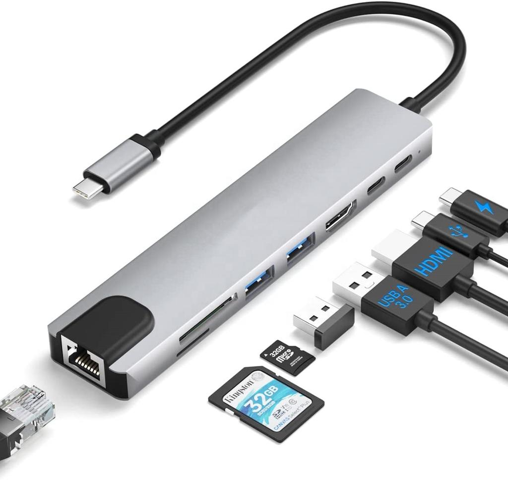 8 in 1 USB Type C To RJ45 Ethernet Adapter Hub with 4K HDMI,TF/ SD Card Reader, USB-C, PD Charging, 2 USB-A for MacBook and More