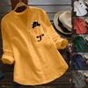 Women Cotton Linen Casual Cat Printed Long Sleeve Shirt Blouse Button Down Tops