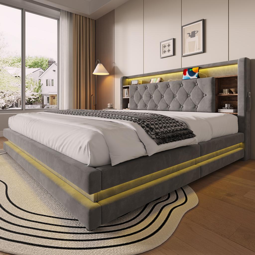 180 × 200 cm Upholstered Bed with Storage, Velvet Bed with Multifunctional Headboard, LED Lighting, 2 USB & Type-C Port, Hydraulic, Dark Gray