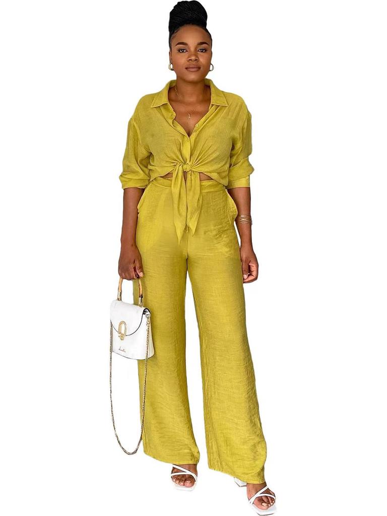 Y6020 Women's European & American Casual Two-Piece Set: Long-Sleeved Shirt & Straight Pants for Spring & Autumn 2024