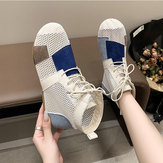 2025 Сандалии для женщин Лето Ретро Универсальные сетчатые полые дышащие повязки на голову Толстая подошва Повседневная верхняя одежда Высокие сандалии