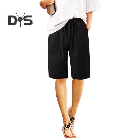 Женские летние шорты из хлопка и льна, повседневные шорты с широкими штанинами, завязывающиеся на шнурок, с карманами, длиной до колена для отдыха на пляже