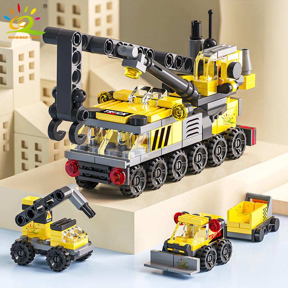 HUIQIBAO 6IN1 City Fire Car Police Truck Engineering Crane Building Blocks Tank Helicopter Bricks Set Toys for Children