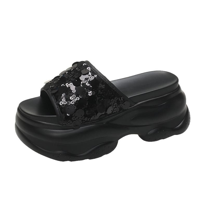 Модные 8 см нескользящие туфли-мюли на высокой платформе со стразами, женские новые летние сандалии, женские фирменные дизайнерские блестящие тапочки на танкетке