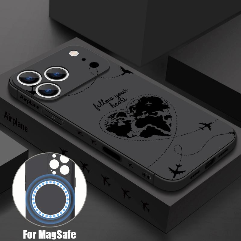 Чехол с принтом 'Самолет Сердце Карта' для iPhone 17 Pro Max Funda iPhone 16 Pro Max 15 14 13 16E Воздушно-магнитный для Magsafe Беспроводная зарядка Мягкая крышка