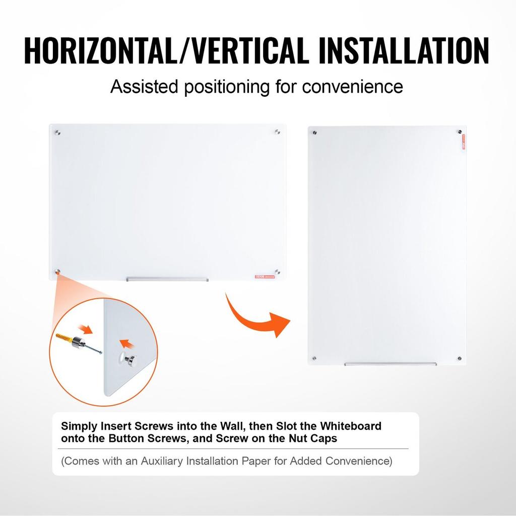Magnetic Glass Whiteboard, Dry Erase Board 900 x 600 mm, Wall-Mounted Large White Glassboard Frameless, with Marker Tray, an Eraser and 2 Markers,