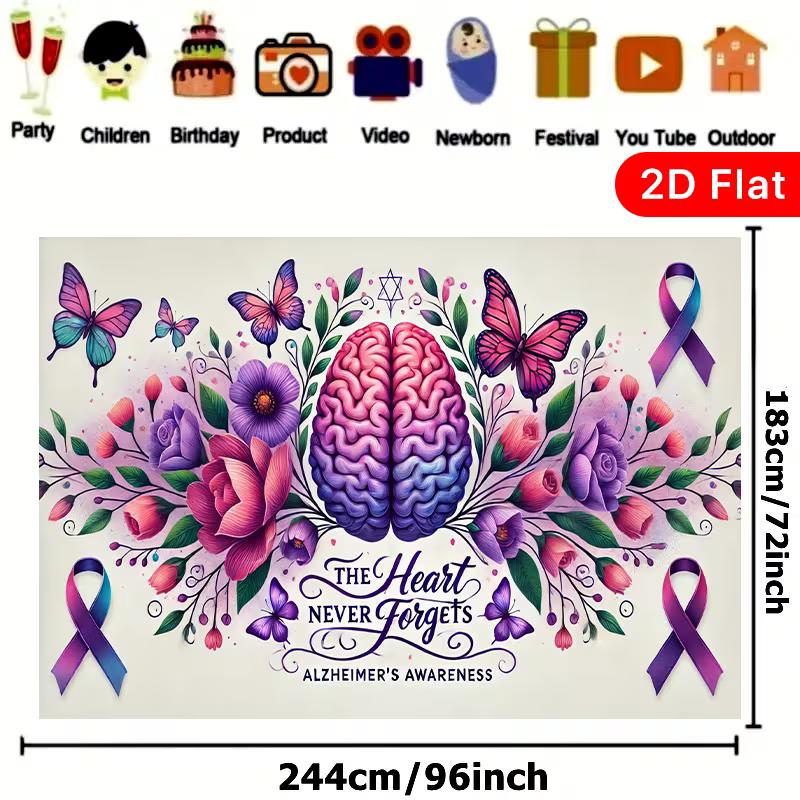 2D Alzheimer's Awareness Backdrop, Floral Brain & Butterfly Photography Banner