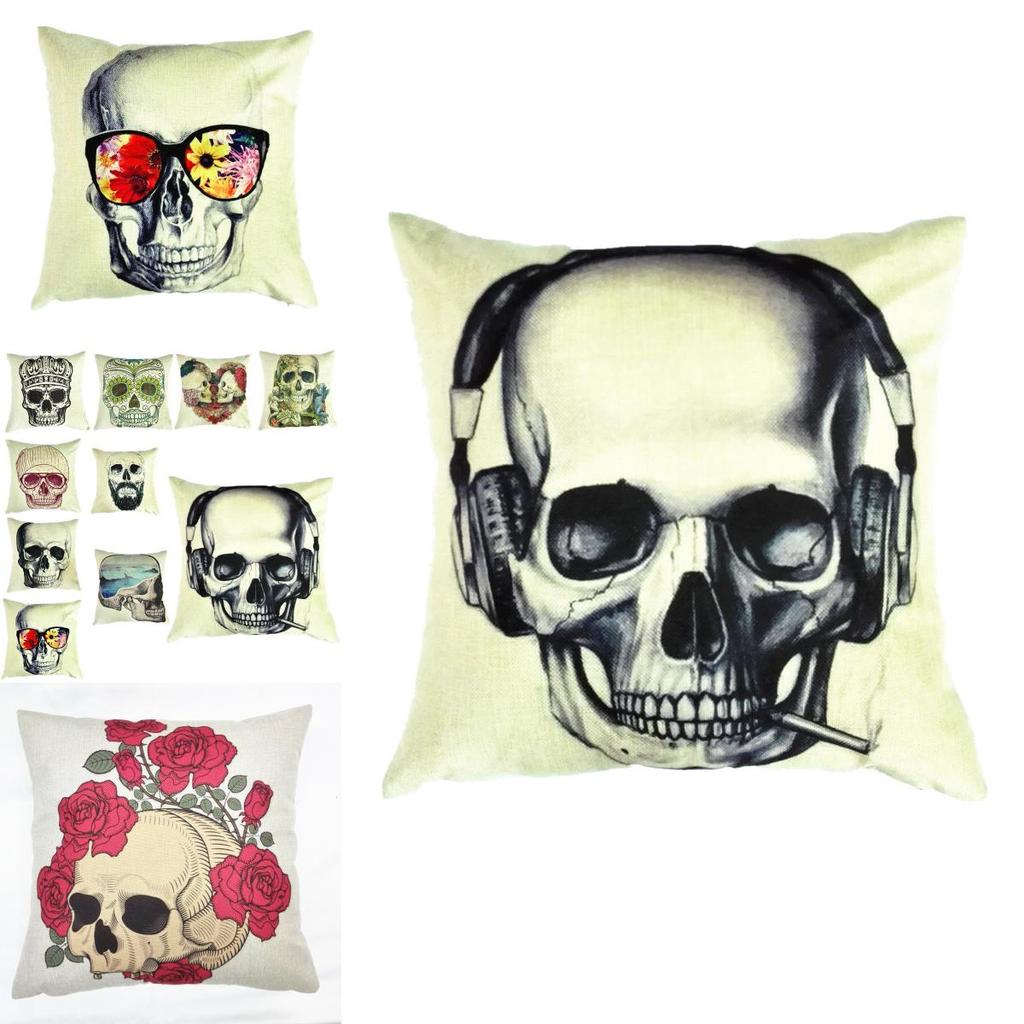 Skeleton Head Throw Pillow Cover With Linen Fabric For Home Decor And Living Room