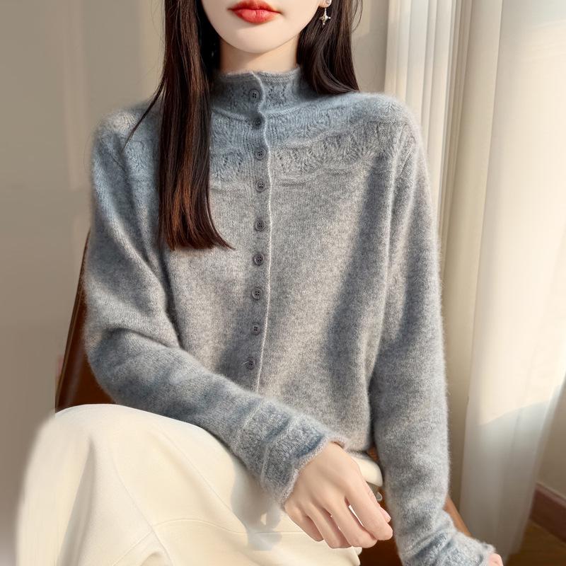 Velvet Knit Cardigan: Women's Half-High Collar, Thick Wave Pattern, Seven-Needle Crochet Sweater