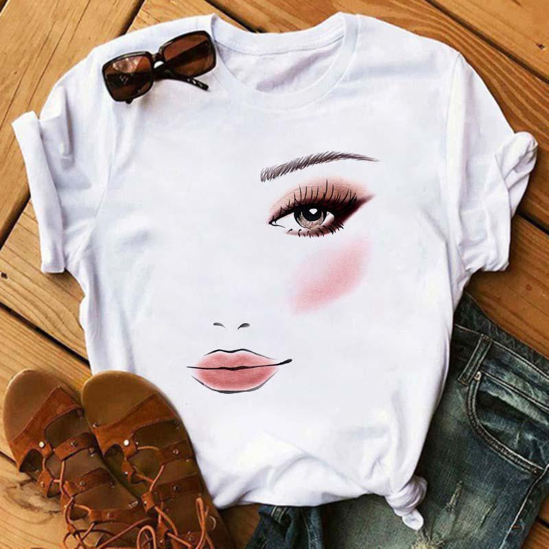 Makeup Art Pink Eyelashes Print T Shirt Women Short Sleeve O Neck Loose Tshirt New Summer Fashion Women Tee Cute Shirt Tops