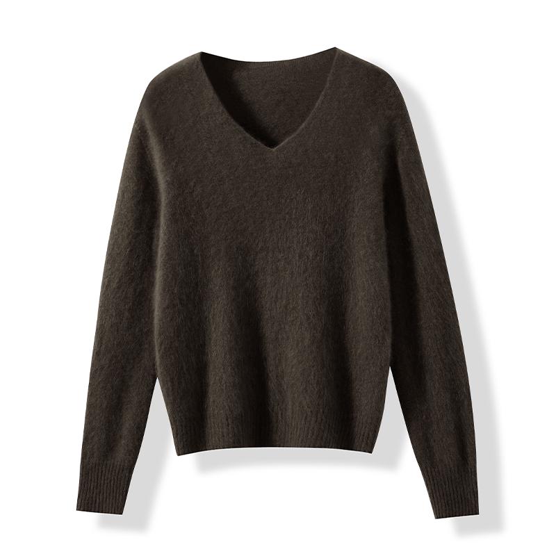 Seamless Wool-Cashmere Brushed V-Neck Round Neck Pink Sweater for Women