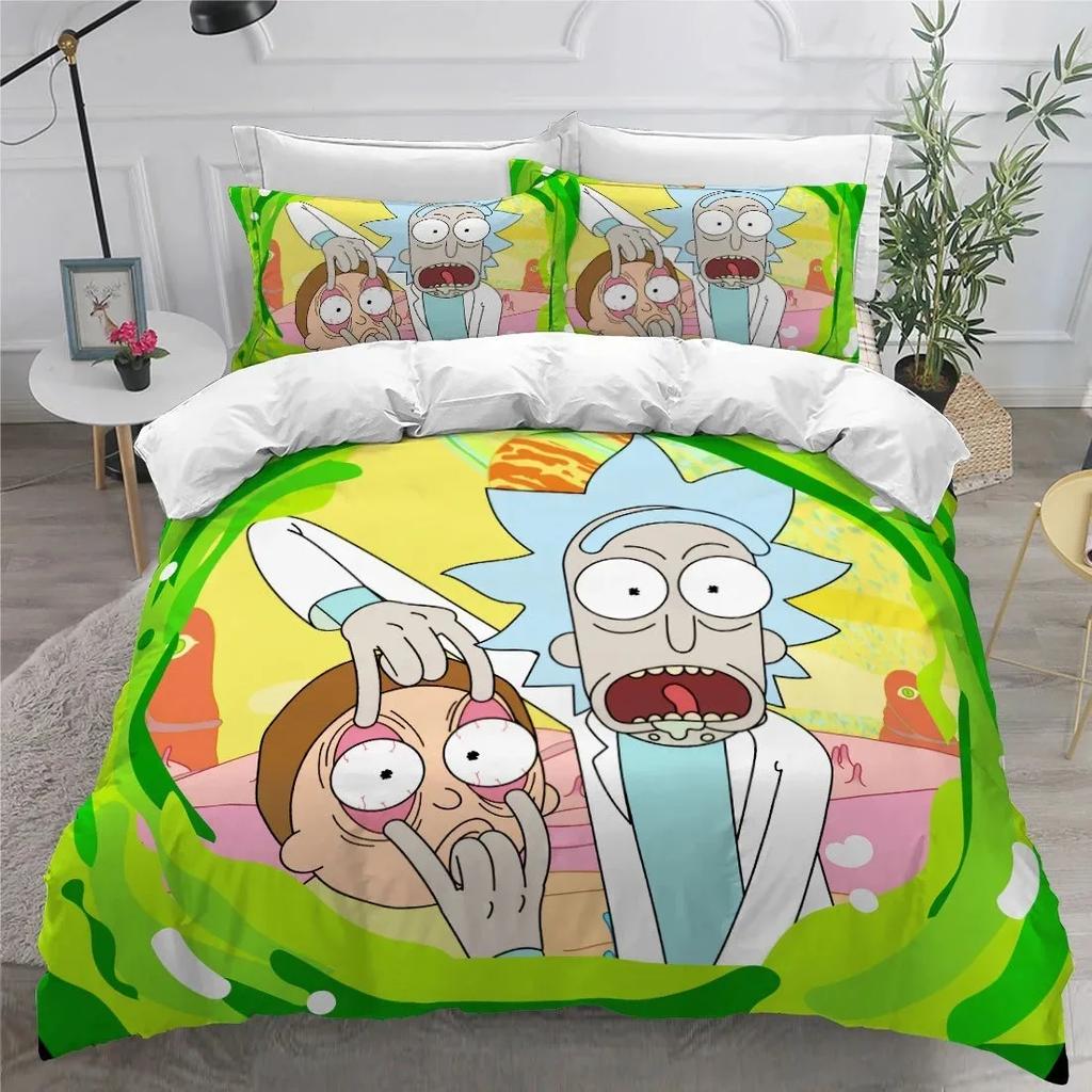 Anime Print R-ick Bedding Set, Home Duvet Cover and Pillowcase King/Queen, Bedroom Decor, Boys and Girls Gift