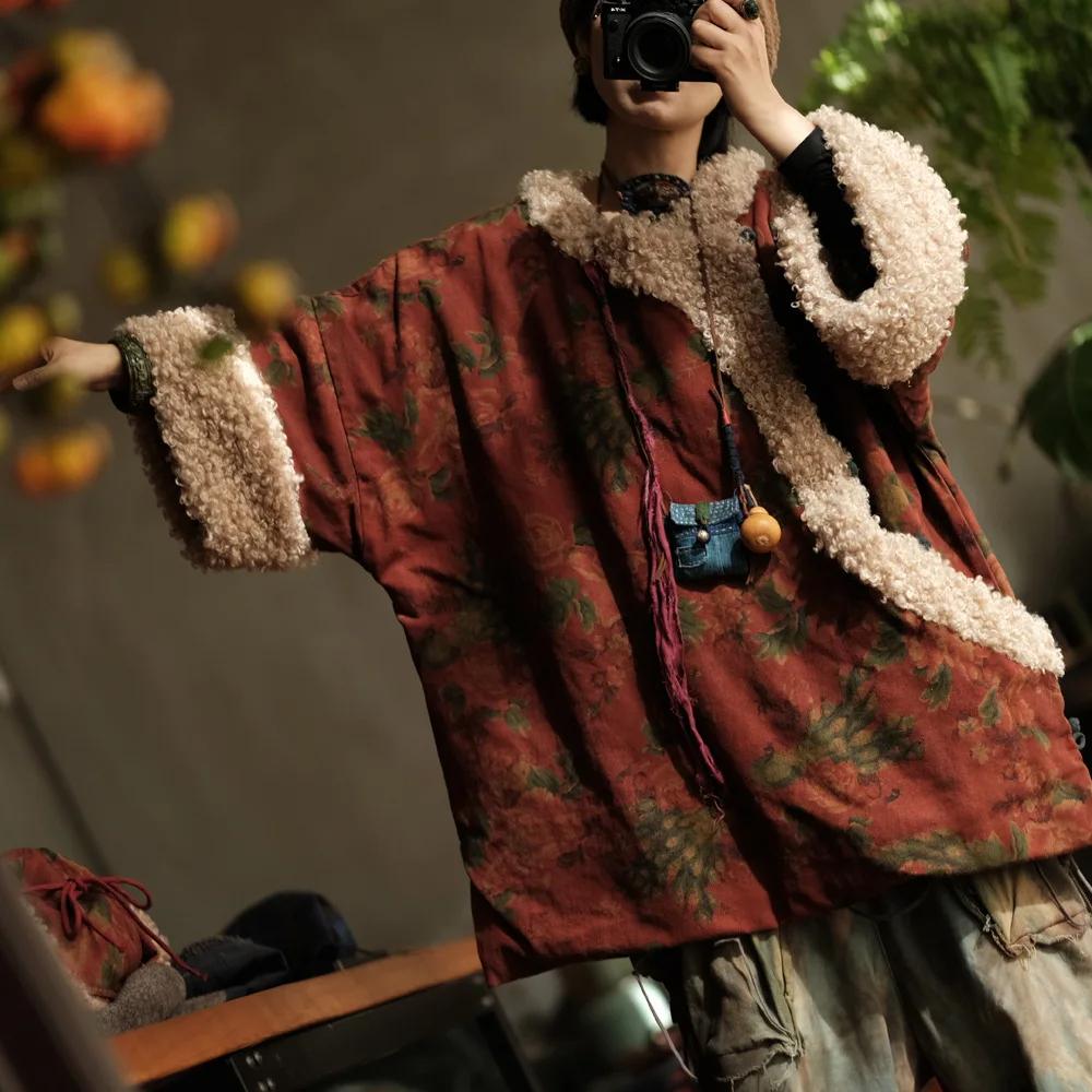 Johnature Женские вельветовые принты с цветочным принтом, зимние пальто, теплые лоскутные женские свободные пуловеры