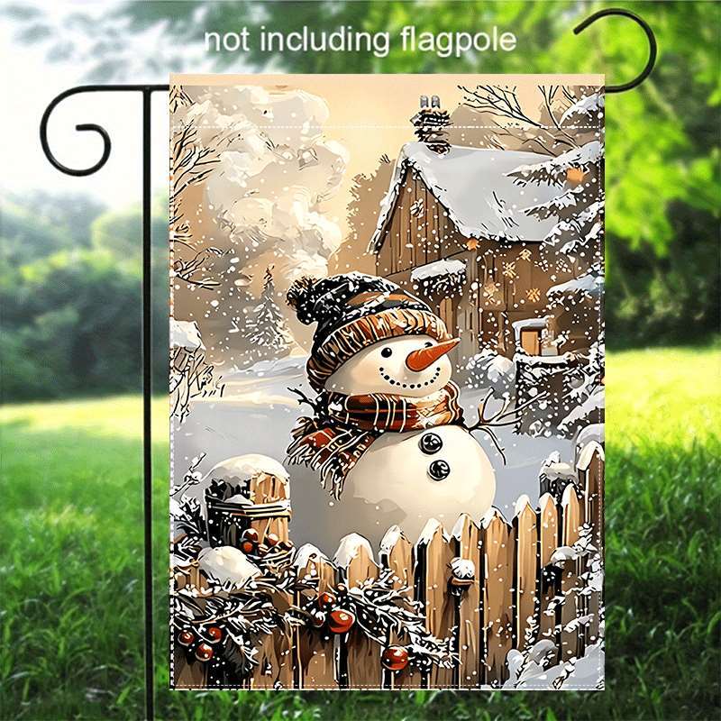 Single Piece, Snowman Snow Scene Garden Flag with Fence And Cottage, Excluding Flagpole, Double-Sided Festive Yard Flag, Seasonal Home Decoration, Fa