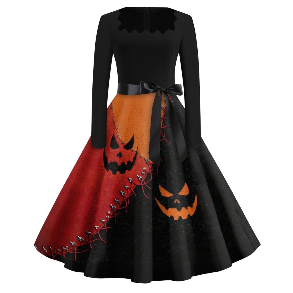 Women Casual Halloween Dress Long Sleeve Square Neck Vintage Style Fit Flare Dress with Spider Web Print and Waist Tie Belt