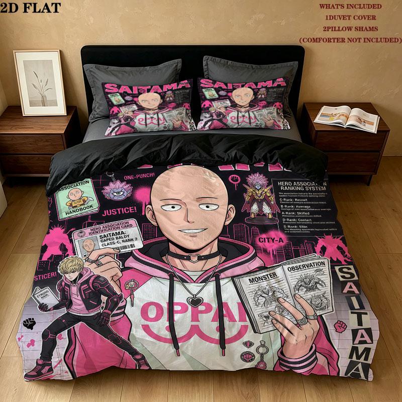 Onepunch Man Pattern Bedding Quilt Set Quilt Cover Pillowcase Home Birthday Gift(1 * duvet cover + 2 * pillowcase, without core)