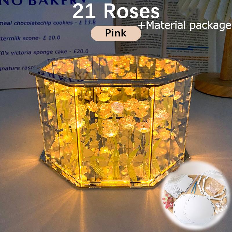 Handmade Rose Mirror Small Night Light Creative Night Gifts DIY Day Mother's Day Rose Light Valentine's Octagon