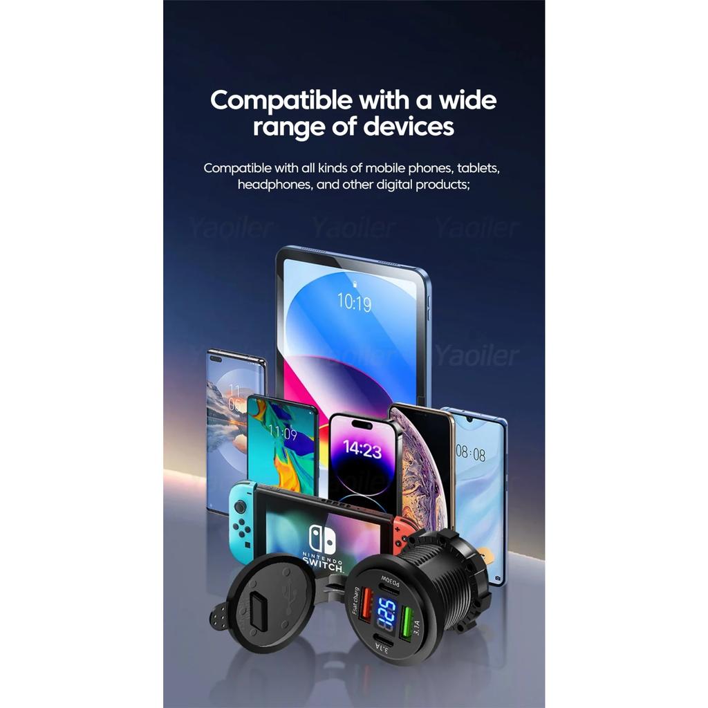 Новое автомобильное зарядное гнездо USB с двумя портами Type-C и USB-A, водонепроницаемое, со светодиодным вольтметром, быстрая зарядка 12 В/24 В для мотоадаптера