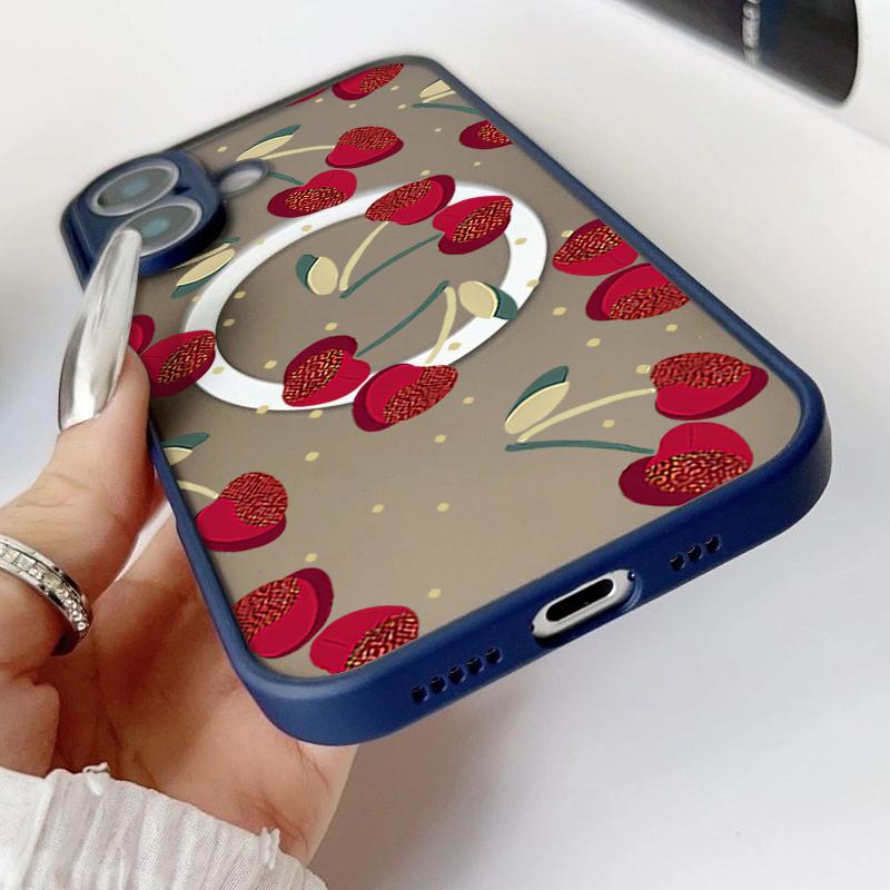 Cherry Pattern Magnetic Shockproof Phone Case for iPhone 16 15 14 Plus 13 12 Pro Max 11 Acrylic Hard Clear Plain Color Soft Edges Lens Protection Case