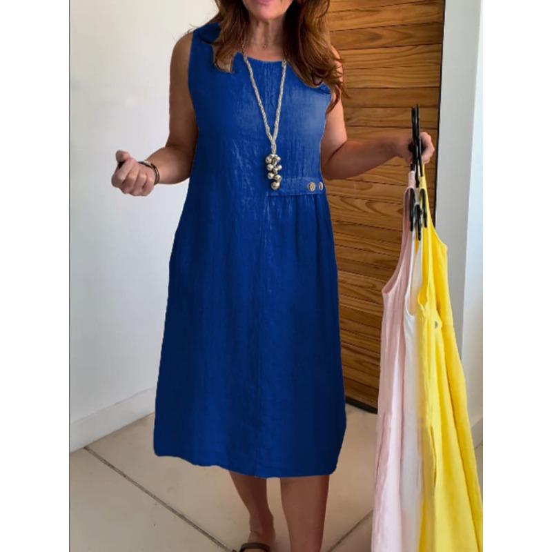 DAFIFY Женская мода лето весна однотонный принт без рукавов с круглым вырезом свободная талия повседневные платья