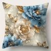 Pillow Covers with Golden Accents Blue  White Floral Zippered Polyester Cushion Cases for Living Room Sofa and Bedroom Decor