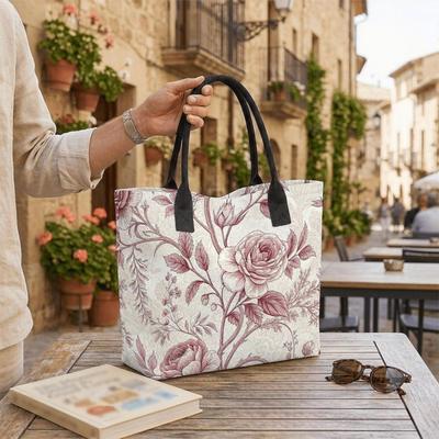 Vintage Rose Floral Tote Bag Casual Large Capacity Handbag for Daily Use