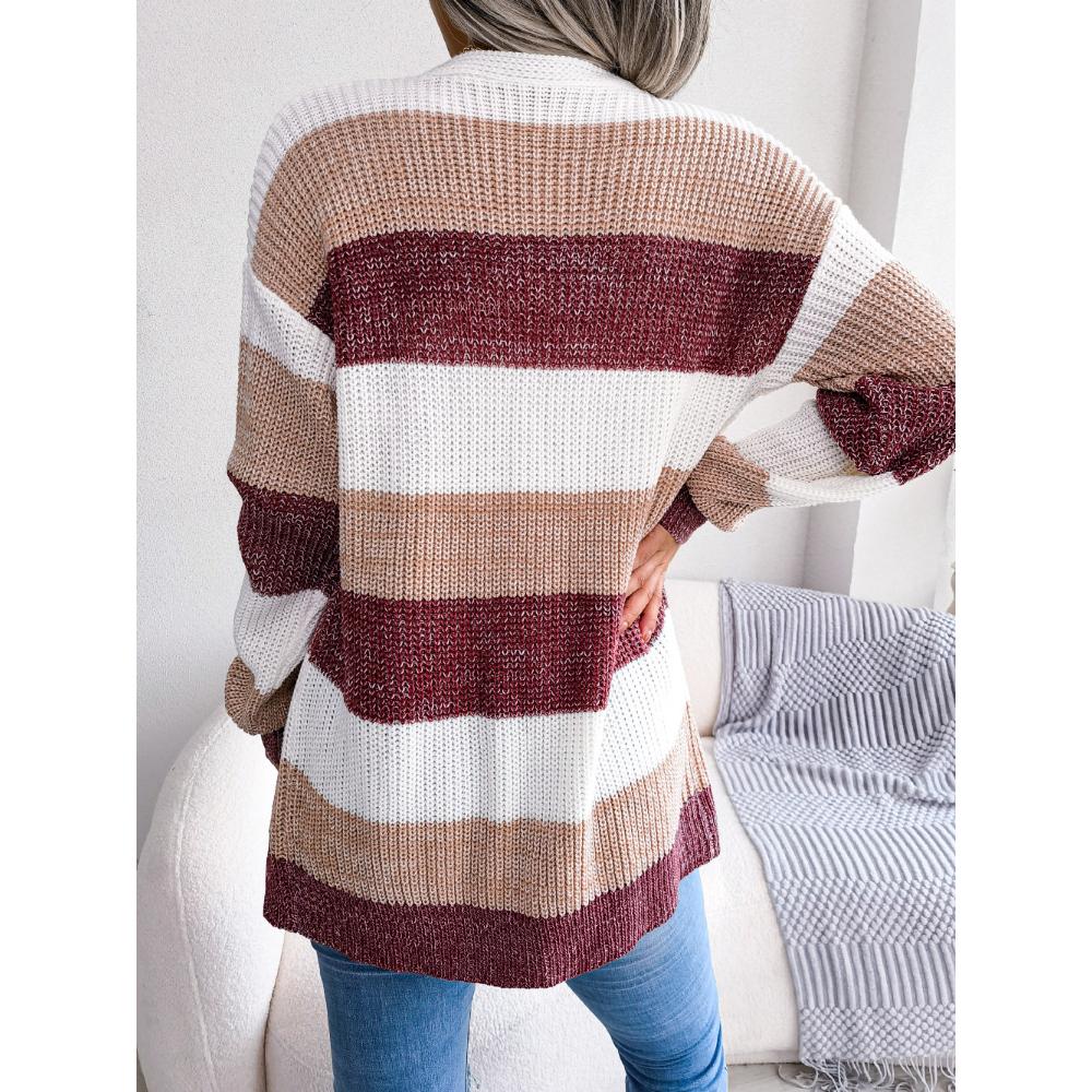 Autumn and Winter Women's Cardigan Sweater Bump Color Striped Lantern Sleeves Casual Cardigan Sweater Jacket Tops