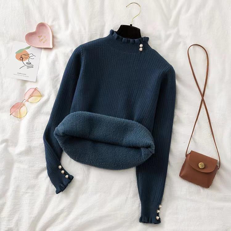 Цельный бархатный базовый слой с утолщенным флисом, осенне-зимний трикотажный свитер, женский пуловер, грибок, полувысокий ворот, дизайн с пуговицами