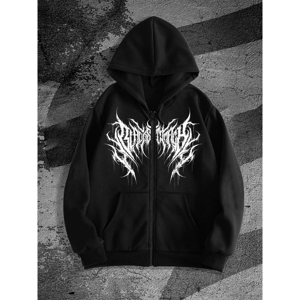 Dark, Symmetrical, Double Layered, Spiky, Thorny, Extreme, Black Metal Font Printed, Fully Zippered Hooded Cardigan, Hoodie, Men's and Women's