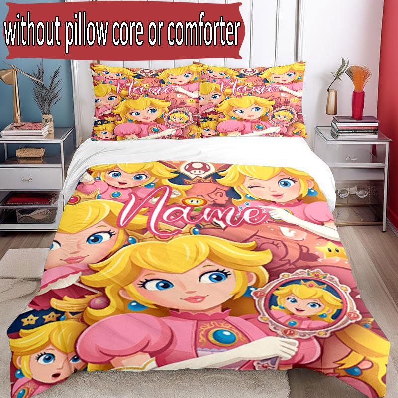 3pcs Duvet Cover Set (1*Duvet Cover + 2*Pillowcase, Without Core), Custom Name Princess Peach Toadstool Pattern Bedding Set, Home Bedroom Decor Gift