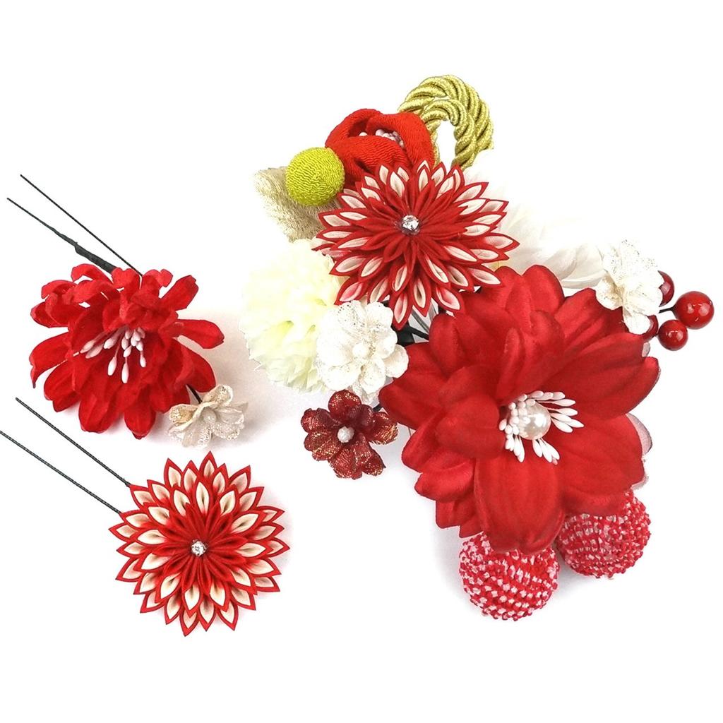 Hair Ornament 3 Piece Set Red Red Hair Ornament 2 Piece Set Pink White Flower Hairpin Tsumami Craft Comb Shape Furisode Coming of Age Ceremony