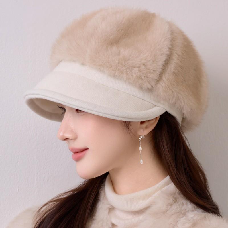 Womens Faux Fur Trapper Hat With Leather Brim Duckbill Cap Winter Warm Beanie Style Cloche