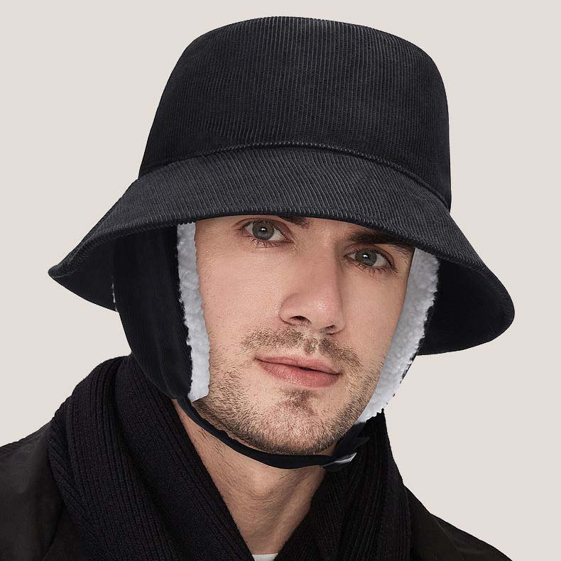 WTEMPO Men's Ear Protection Winter Fishing Outdoor Cold-proof Plush Hats Solid Color Thick Fleece Inner Bucket Hats with Windproof Rope