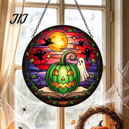 Decorative Hanging Ornaments for Windows Halloween Pumpkin Suncatcher, Stained Glass Style Round Window Ornament, Acrylic Decorations Full Moon