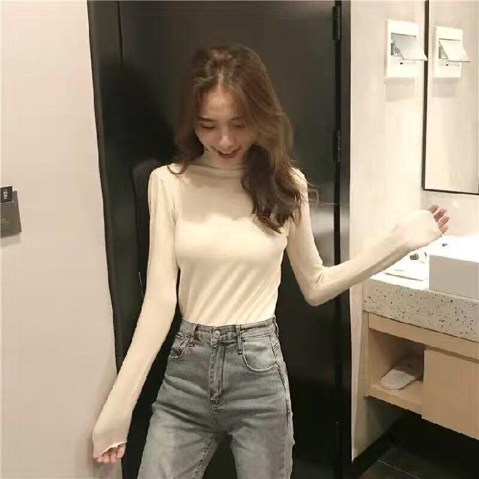Autumn and Winter Latest Korean Version of Half High Neck Solid Color Base Shirt Fashion Ins Slim-fit All Knitted Top Female Tide