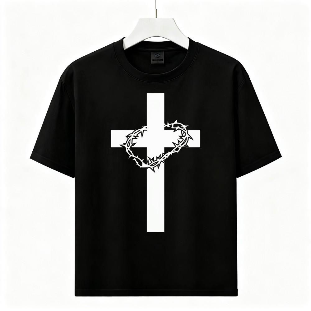 Vintage Minimal Cross & Crown of Thorns Graphic Tee Unisex Cotton Faith T-Shirt