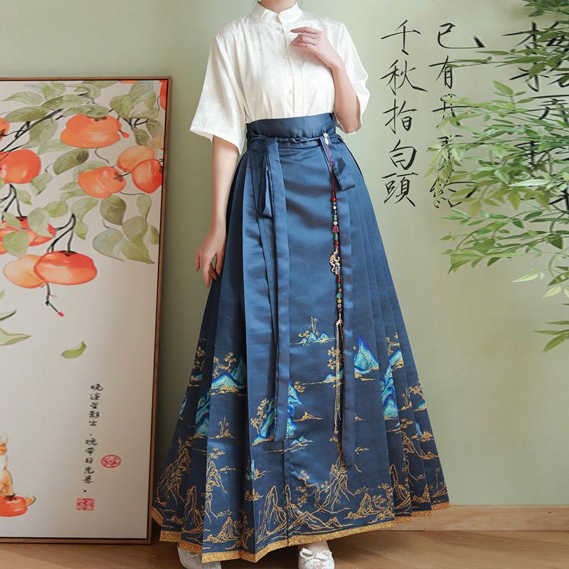 Женская рубашка ханьфу в китайском стиле династии Мин с воротником-стойкой, современный повседневный костюм с юбкой в виде лошадиной морды