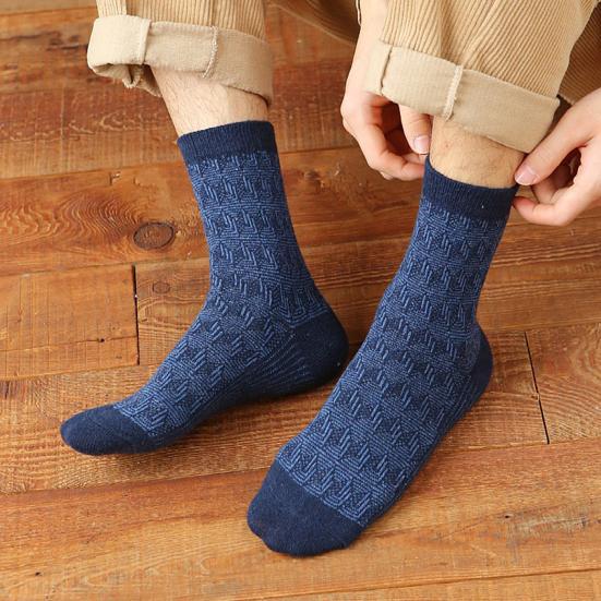 5 Pairs Men Winter Socks Mid-tube Thick Thermal Insulation Ethnic Style Home Bedroom Wear Floor Socks Colorblock Anti-slip Knitted Daily Wear Socks
