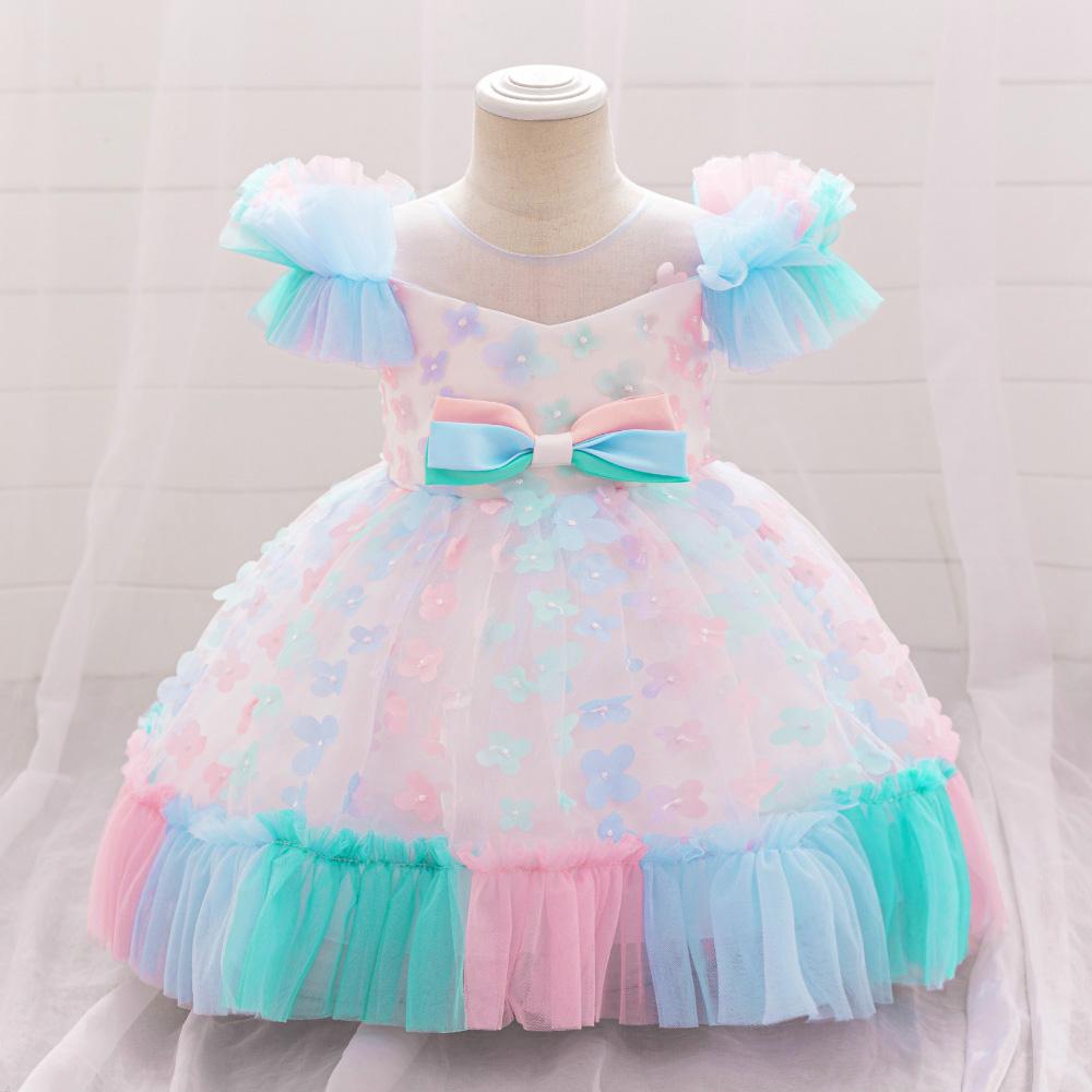 Rainbow Flower Baby Girls Party Dress Toddler Tulle Puff Sleeve 1st Birthday Wedding Princess Prom Dress Bridemaid Baby Clothing