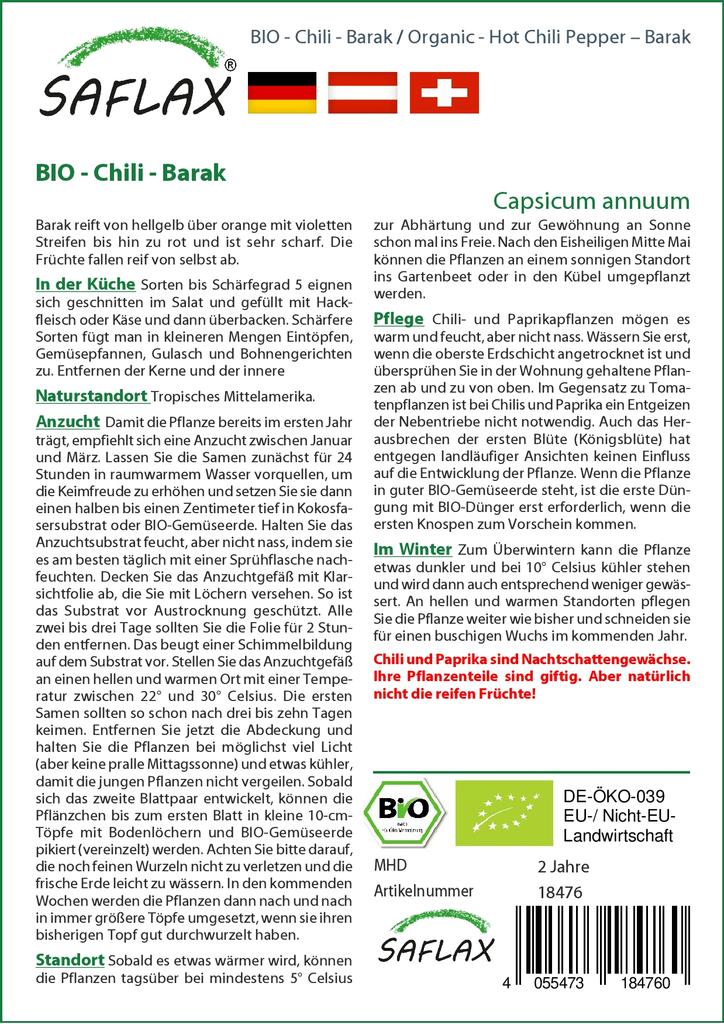 SAFLAX Garden in the Bag - Органический - Острый перец чили - Барак - 15 семян - С субстратом в подходящем пакете - Capsicum annuum